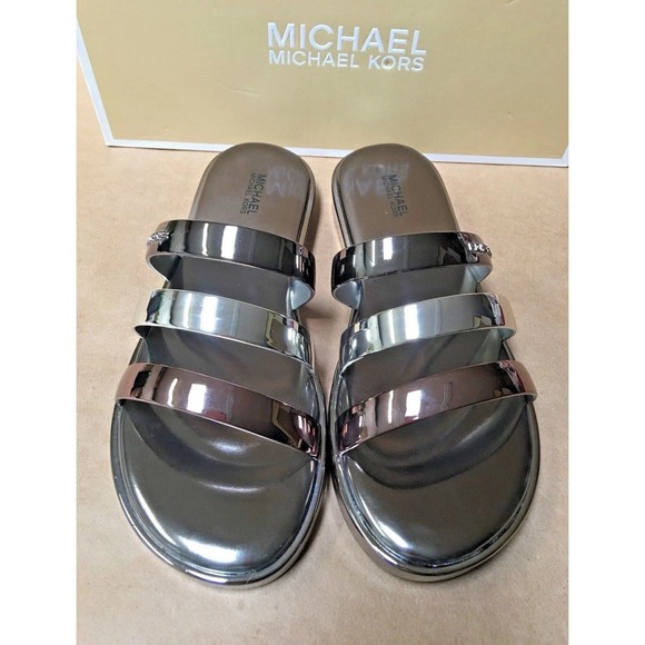 NEW Michael Kors Keiko Women's Size 6‎ Triple-Band Slide Sandals Gunmetal Silver - Picture 2 of 6